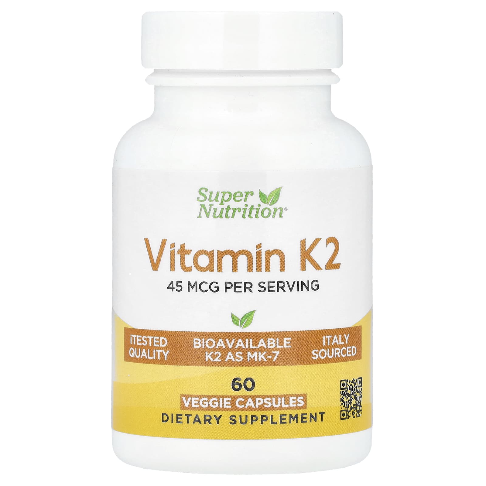 Vitamin K2 Supplement for Bone Health - 45 mg, 60 Veggie Capsules - Image 1