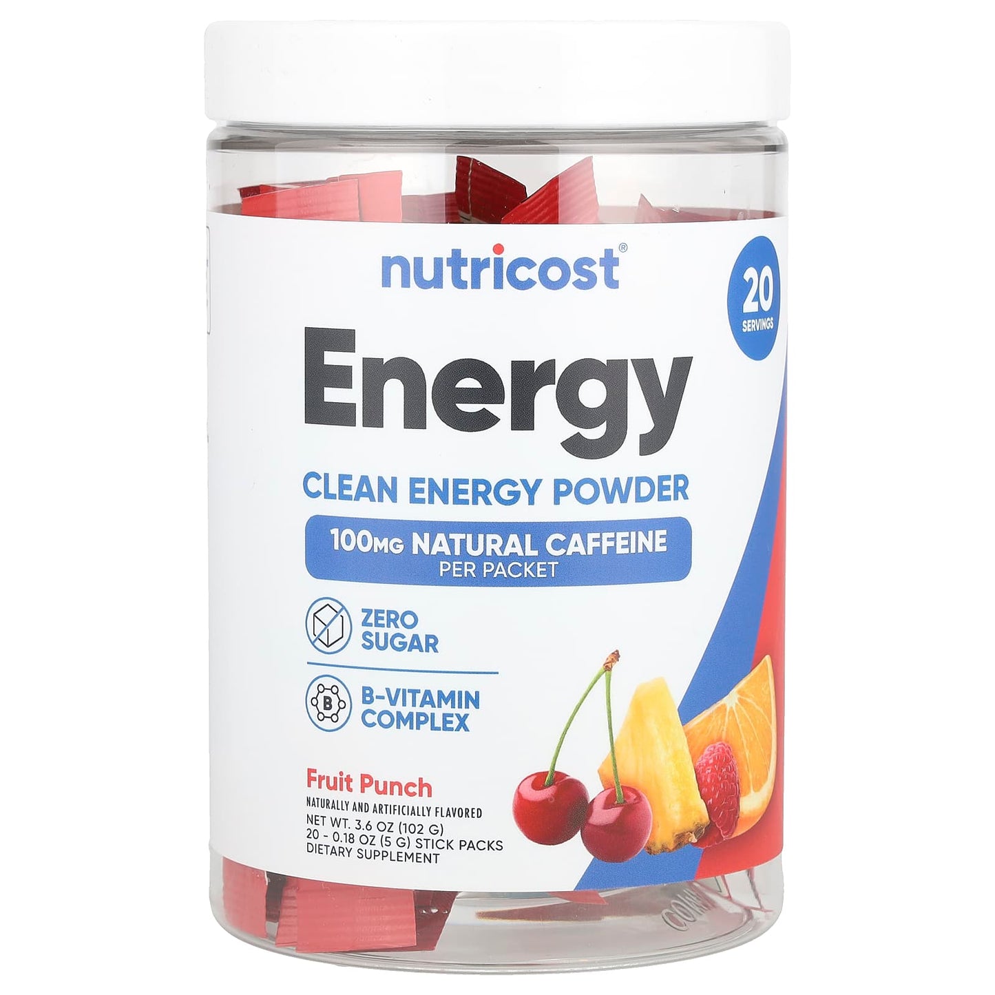 Nutricost, Energy, Clean Energy Powder, Fruit Punch, 20 Stick Packs, 0.18 oz (5 g) Each