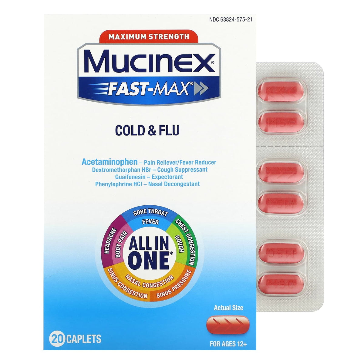 Mucinex, Fast-Max Cold & Flu, Maximum Strength, For Ages 12+, 20 Caplets - Image 1