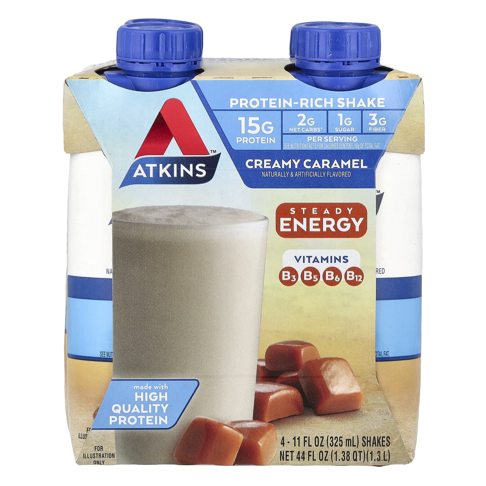 Atkins Creamy Caramel Protein Shake, 4 Pack, 11 fl oz Each - Image 1