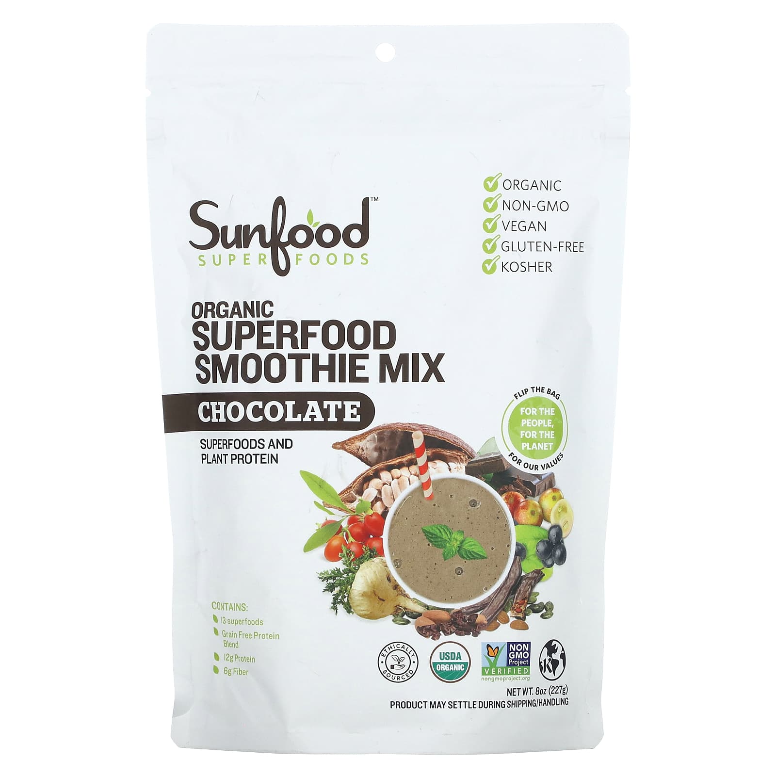 Sunfood, Organic Superfood Smoothie Mix, Chocolate, 8 oz (227 g) - Image 1