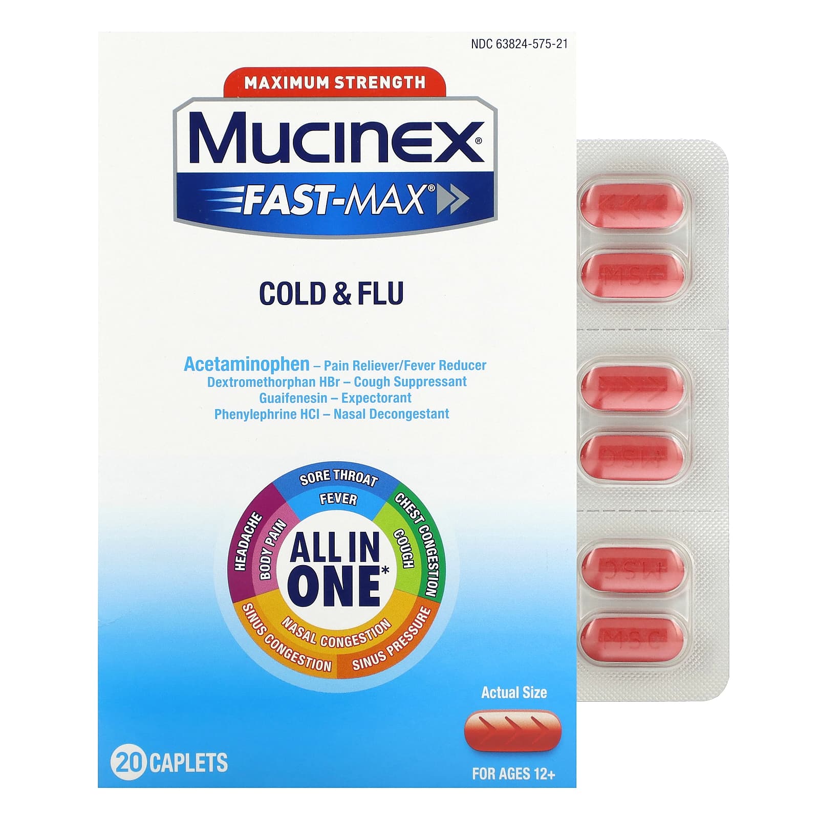 Mucinex, Fast-Max Cold & Flu, Maximum Strength, For Ages 12+, 20 Caplets - Image 1