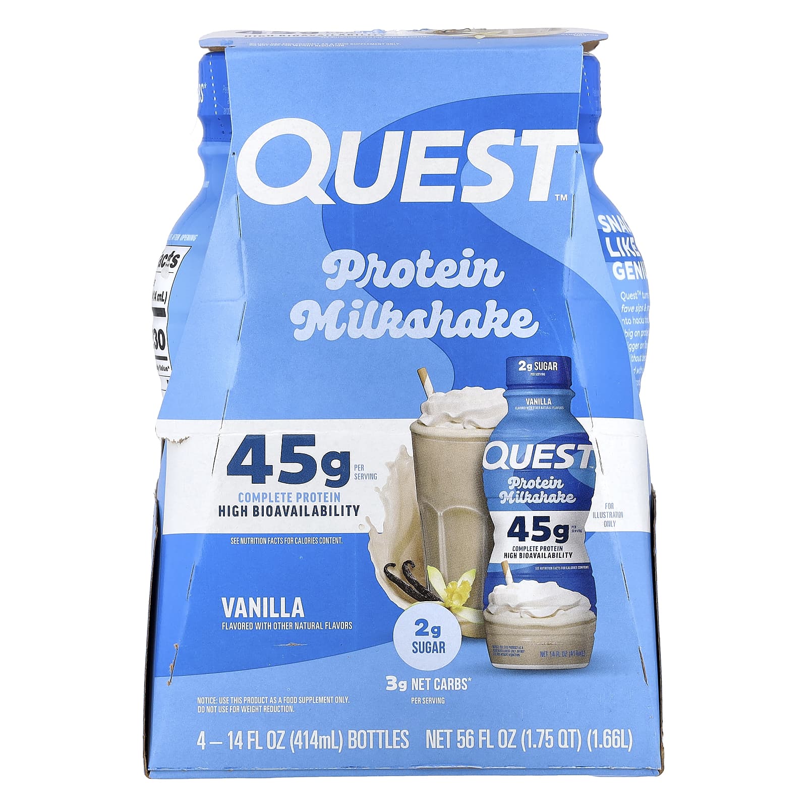 Quest Nutrition, Protein Milk Shake, Vanilla, 4 Bottles, 14 fl oz (414 ml) Each - Image 1
