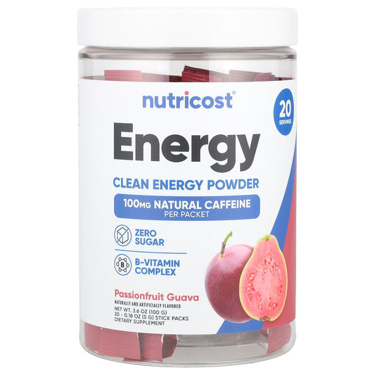 Nutricost, Energy, Clean Energy Powder, Passionfruit Guava, 20 Stick Packs, 0.18 oz (5 g) Each