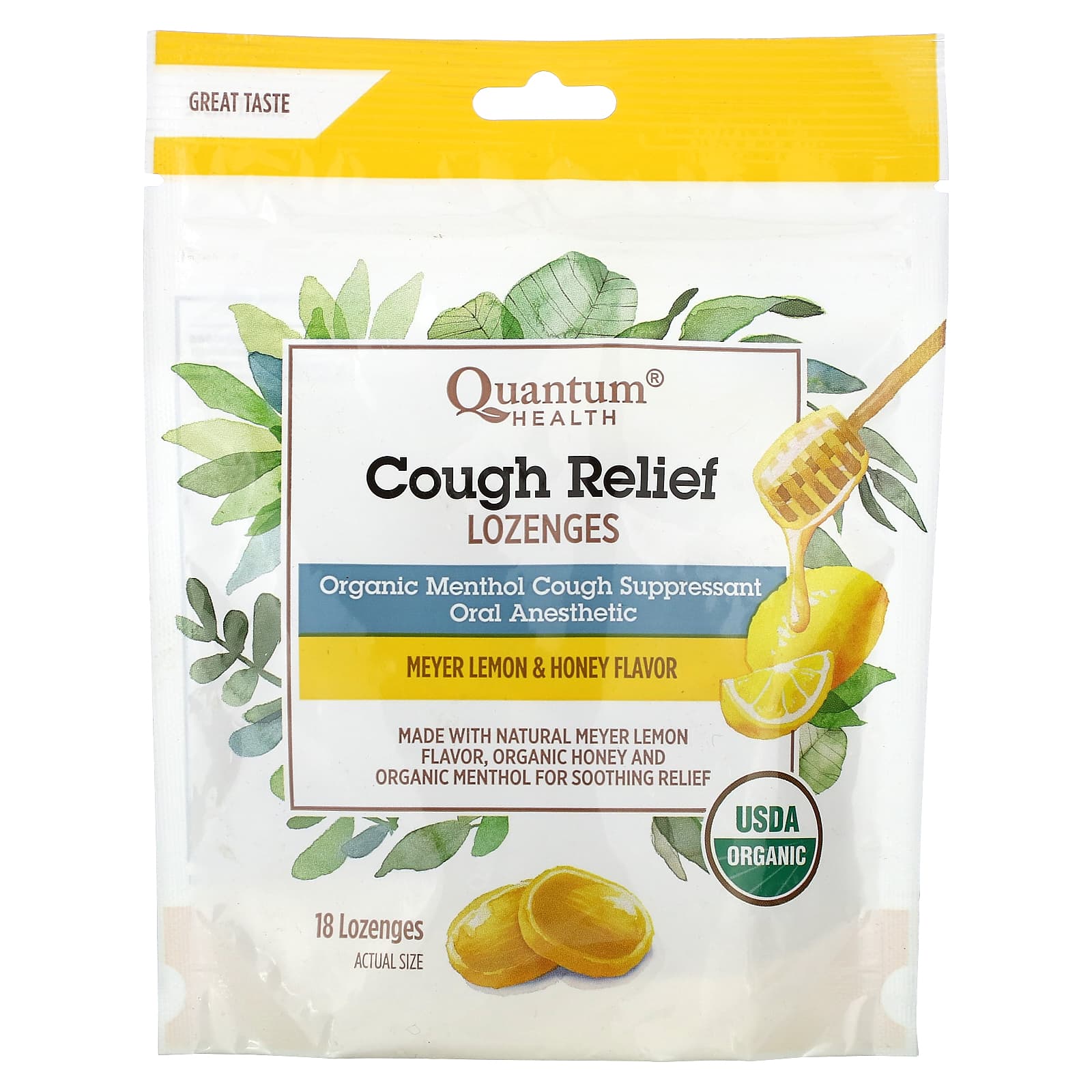 Quantum Health, Cough Relief Lozenges, Meyer Lemon & Honey, 5 mg, 18 Lozenges - Image 1