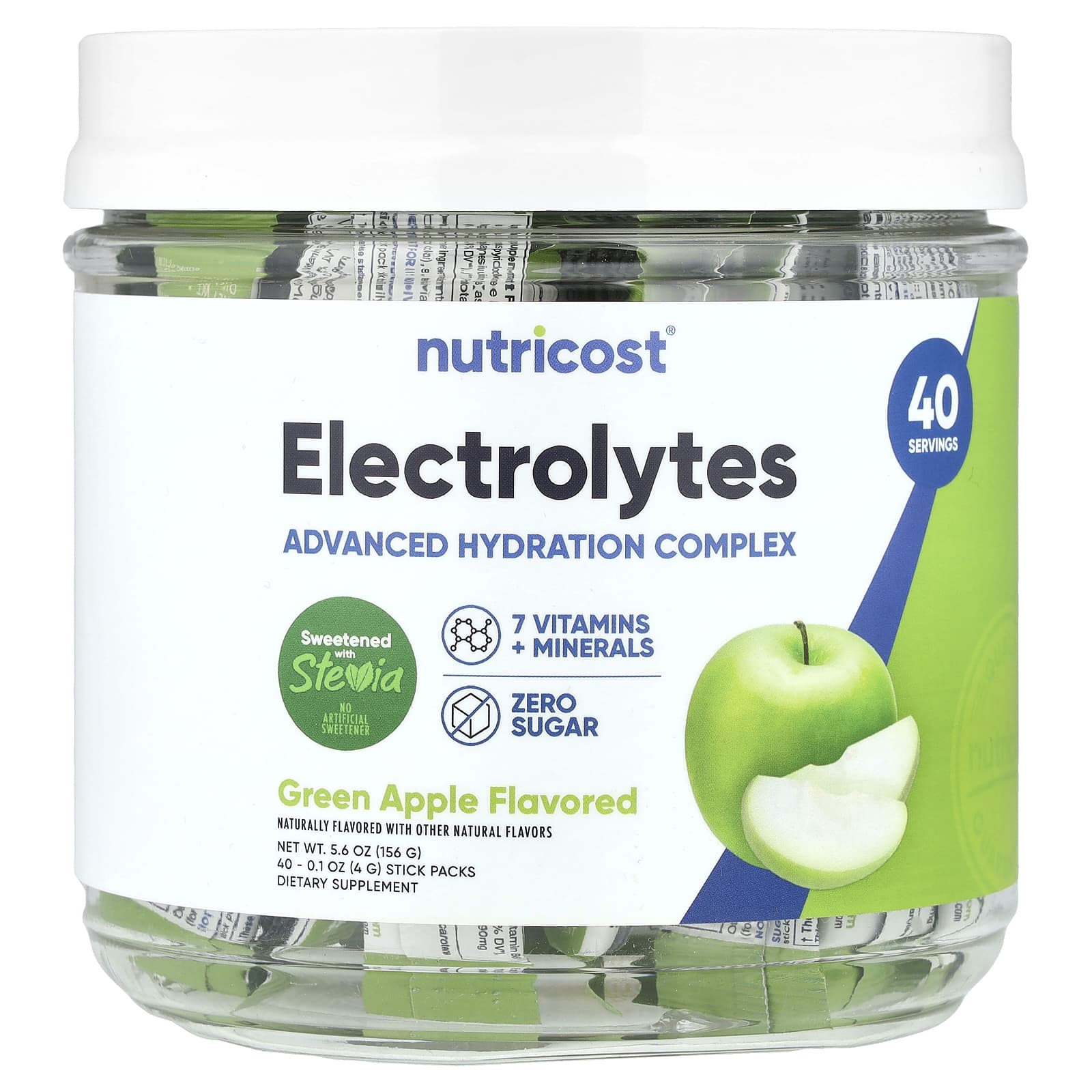 Nutricost, Electrolytes, Advanced Hydration Complex, Green Apple , 40 Stick Packs, 0.1 oz (4 g) Each - Image 1
