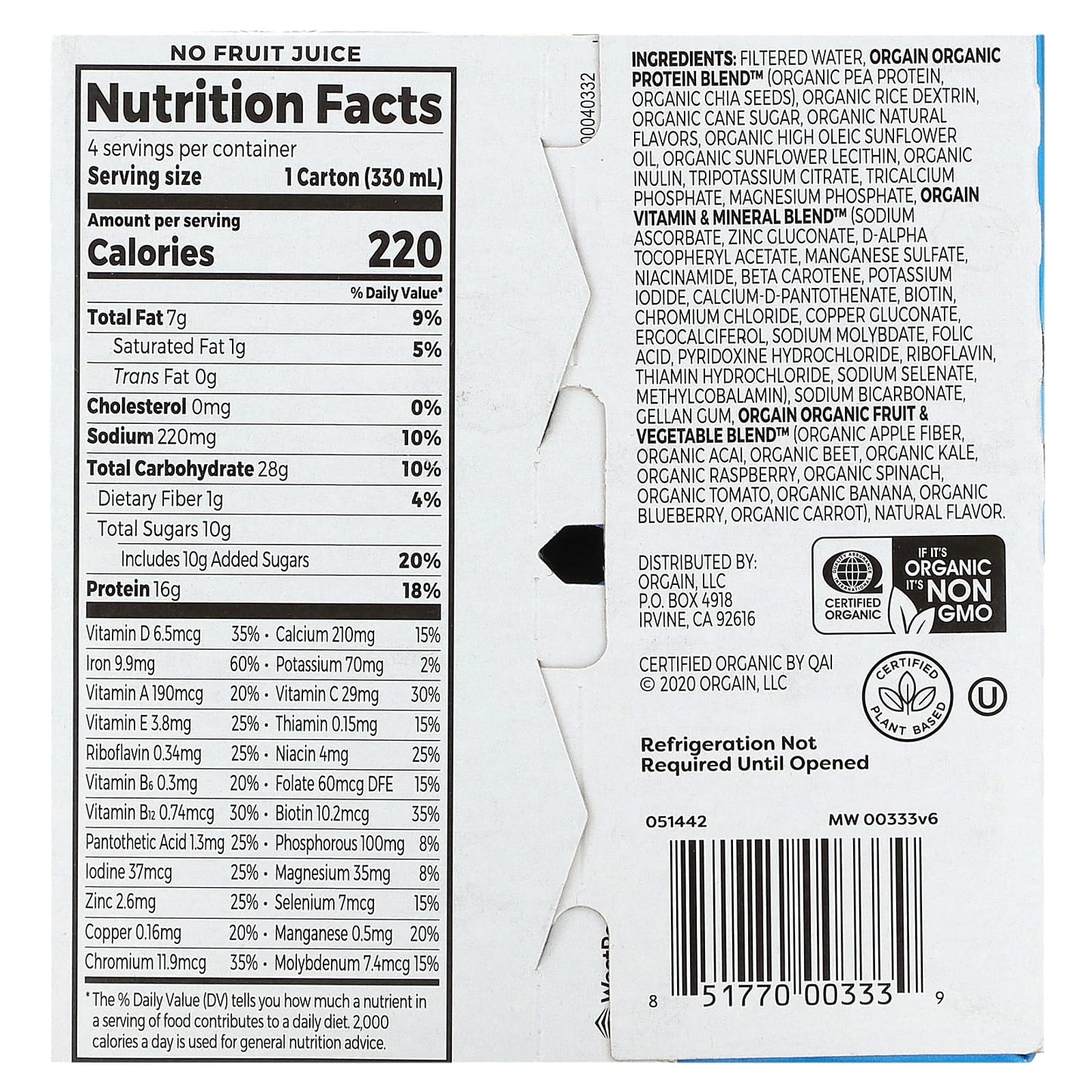 Orgain, Organic Nutrition, Nutritional Shake,  Vanilla Bean, 4 Pack, 11 fl oz (330 ml) Each - Image 2
