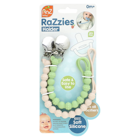 RaZbaby, RaZzies Pacifier Holder, 0m+, Green/Beige, 2 Holders - Image 1