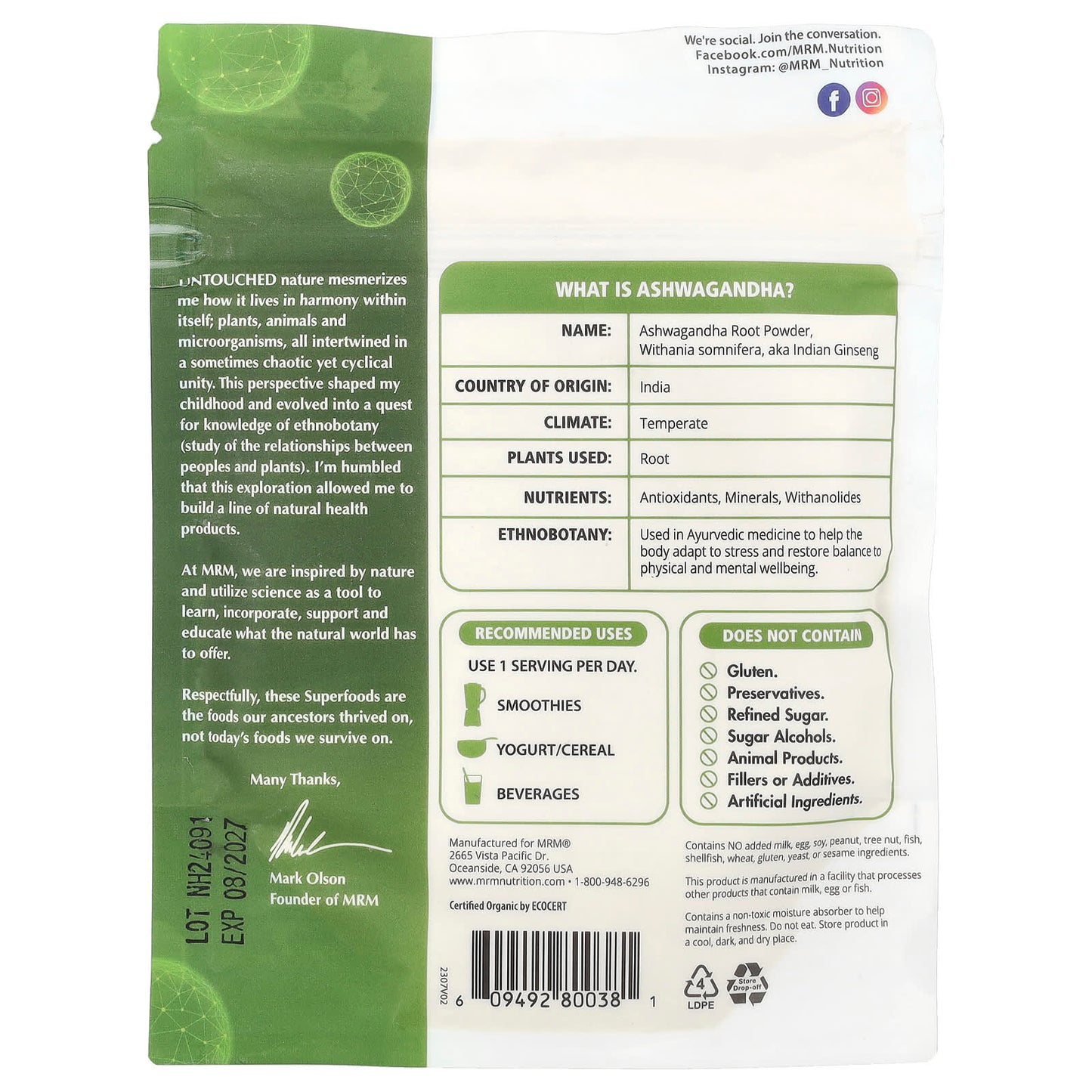 MRM Nutrition, Organic Ashwagandha Root Powder, 4  oz (113 g) - Image 2