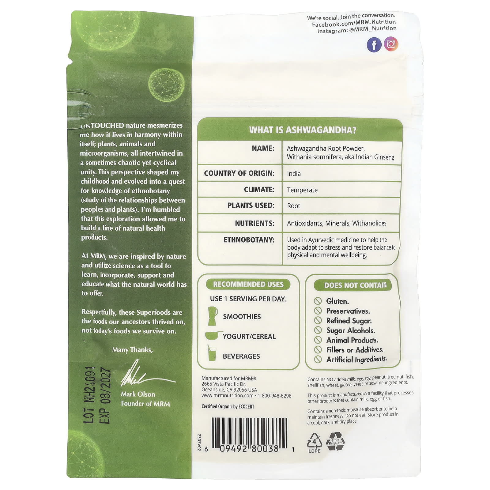 MRM Nutrition, Organic Ashwagandha Root Powder, 4  oz (113 g) - Image 2