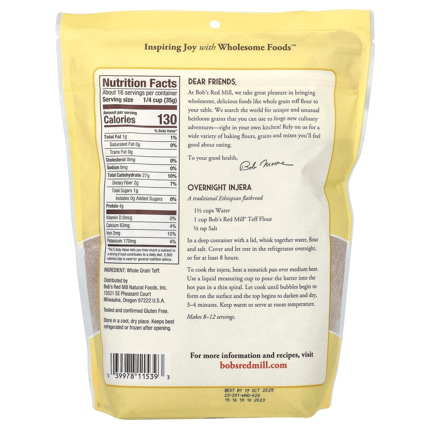 Teff Flour by Bob's Red Mill - Whole Grain, Gluten Free, 20 oz - Image 2