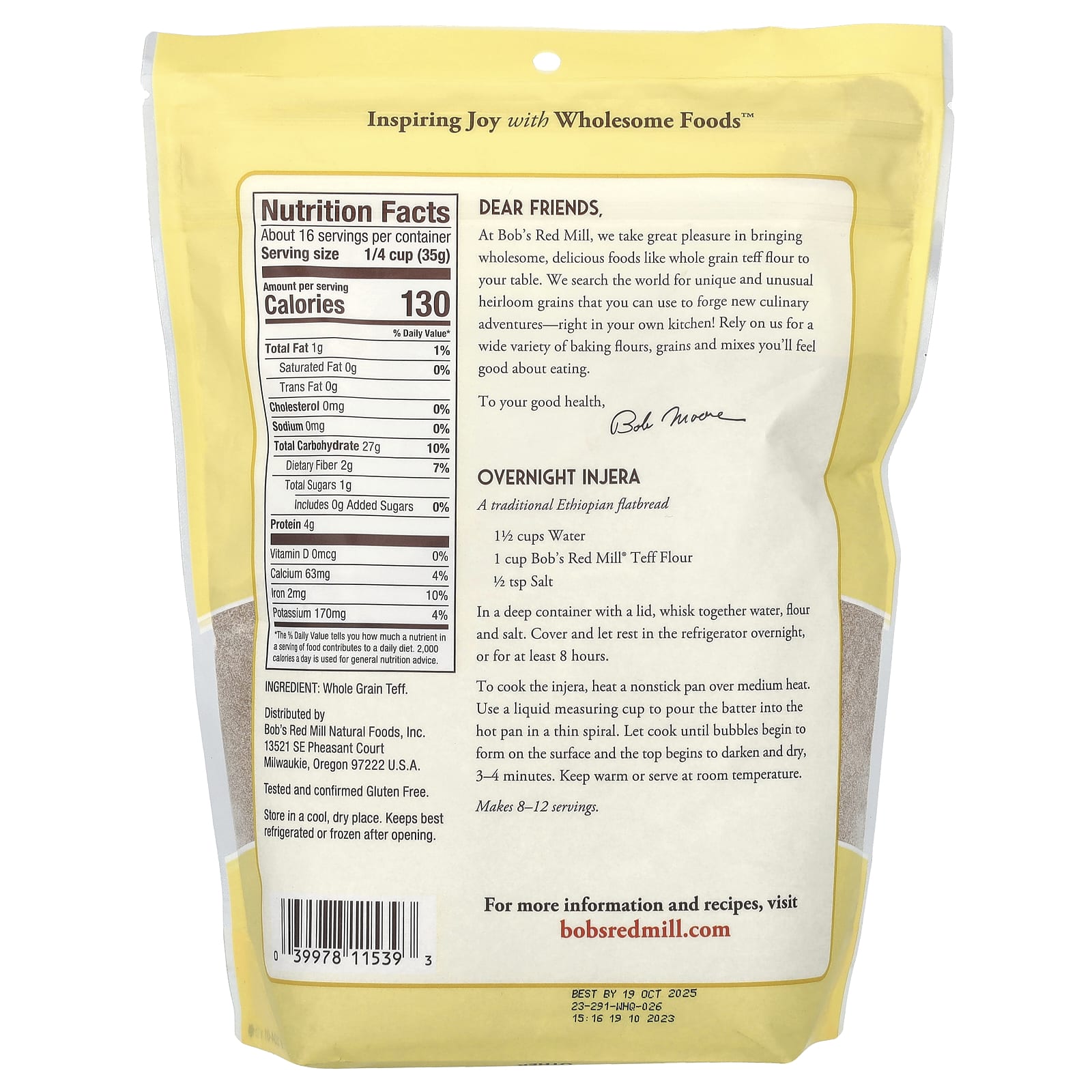 Teff Flour by Bob's Red Mill - Whole Grain, Gluten Free, 20 oz - Image 2
