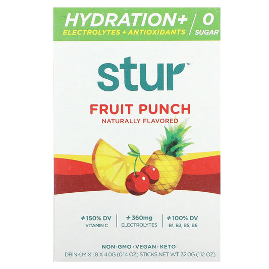 Stur, Hydration + Electrolytes + Antioxidants Drink Mix, Fruit Punch, 8 Sticks, 0.14 oz (4 g) Each - Image 1