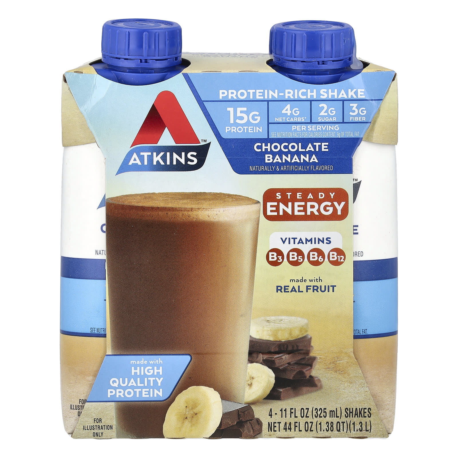 Atkins Protein-Rich Chocolate Banana Shake, 4 x 325ml - Image 1