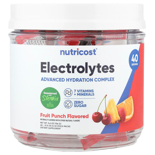 Nutricost, Electrolytes, Advanced Hydration Complex, Fruit Punch, 40 Stick Packs, 0.14 oz (4 g) Each - Image 1