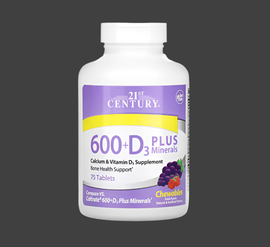 21st Century, 600 + D3 Plus Minerals, Fruit Punch, 75 Chewable Tablets