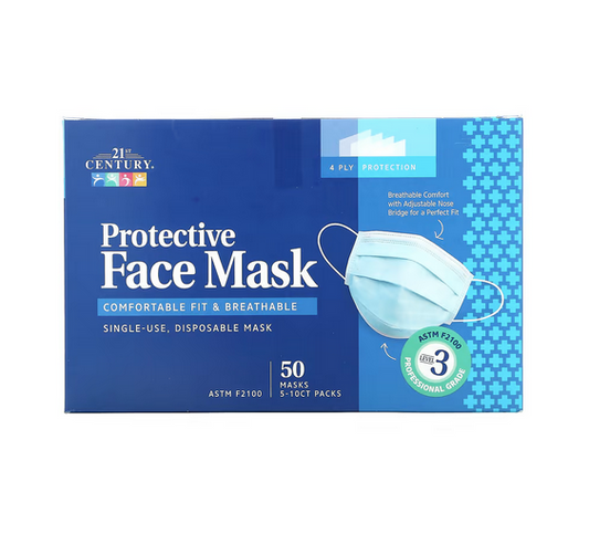 21st Century, Protective Face Mask, ASTM F2100, Single Use Disposable Masks, 50 Masks, 5-10 ct Packs