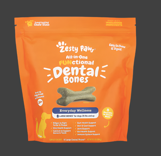 Zesty Paws, All-In-One Functional Dental Bones, For Dogs, All Ages, Cinnamon, 8 Large Dental Bones, 10.1 oz (286 g) Expiry"04/2026