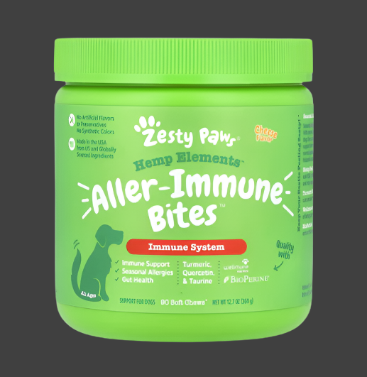 Zesty Paws, Hemp Elements™, Aller-Immune Bites™, For Dogs, All Ages, Cheese, 90 Soft Chews, 12.7 oz (360 g), Exp"08/2025