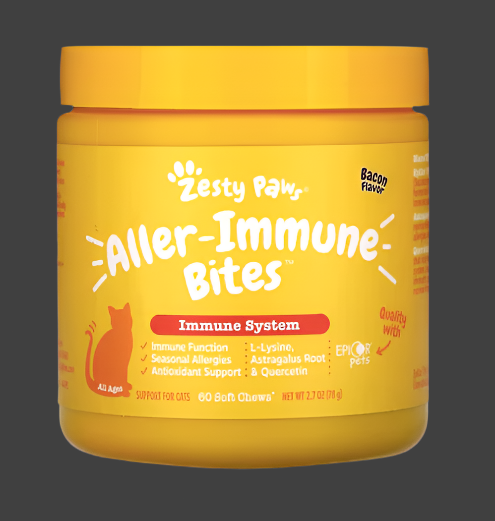 Zesty Paws, Aller-Immune Bites, Immune System, For Cats, All Ages, Bacon, 60 Soft Chews, 2.7 oz (78 g), Exp"05/2026
