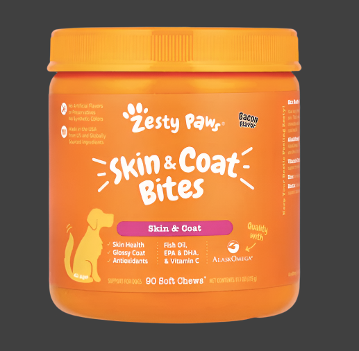 Zesty Paws, Skin & Coat Bites, For Dogs, All Ages, Bacon, 90 Soft Chews, 11.1 oz (315 g), Exp"04/2026