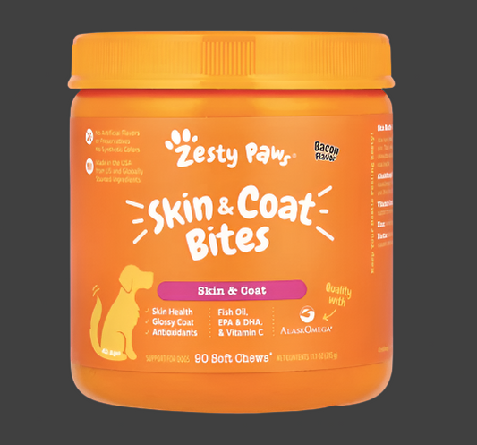 Zesty Paws, Skin & Coat Bites, For Dogs, All Ages, Bacon, 90 Soft Chews, 11.1 oz (315 g), Expiry"04/2026