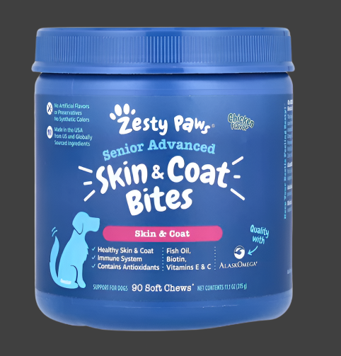 Zesty Paws, Senior Advanced, Skin & Coat Bites, For Dogs, Chicken, 90 Soft Chews, 11.1 oz (315 g)Expiry"09/2025
